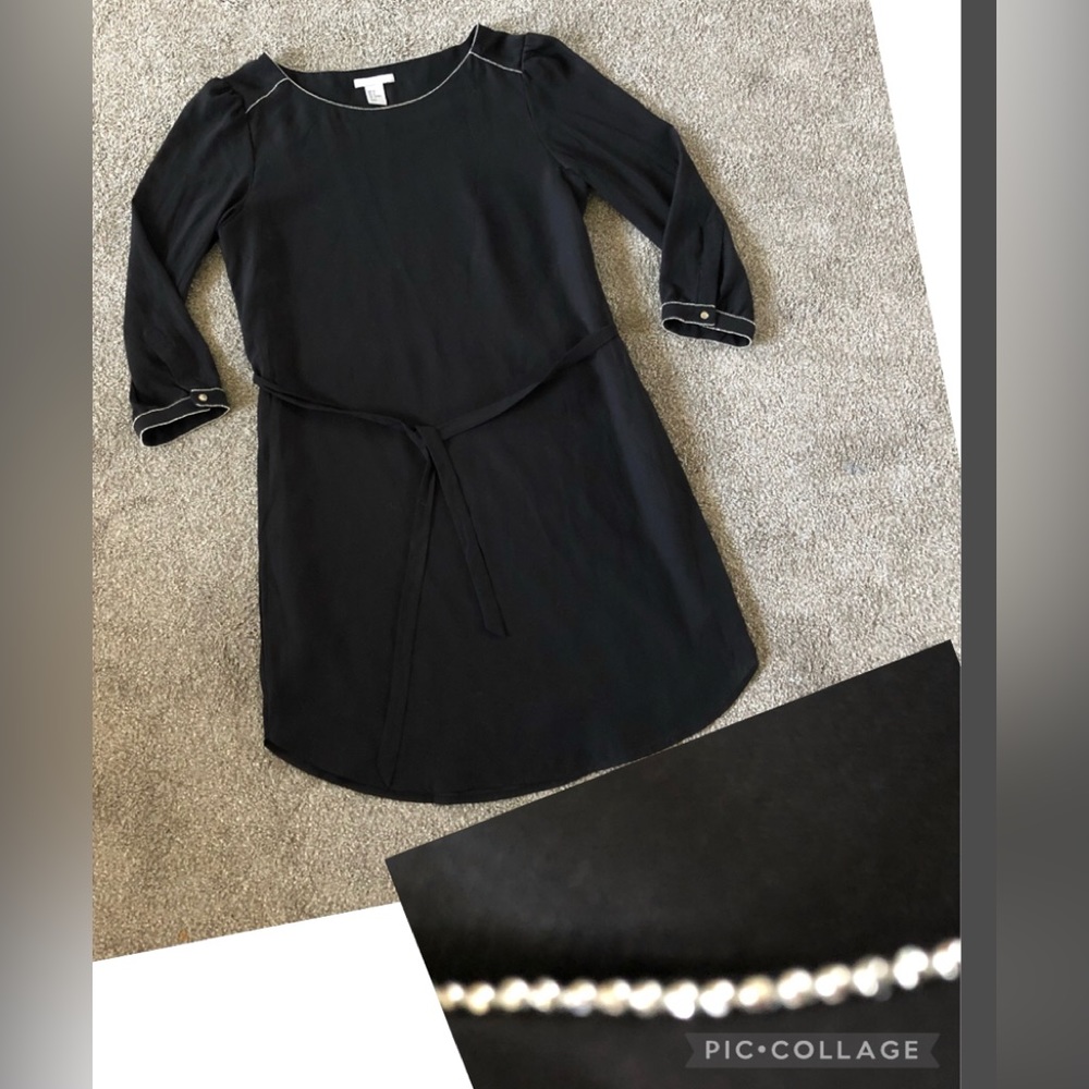 H&M Black Dress size 6 Beaded neckline and sleeves tie elastic waist round hem